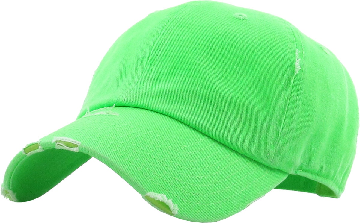 Neon Green Distressed Vintage Baseball Cap Front Side View